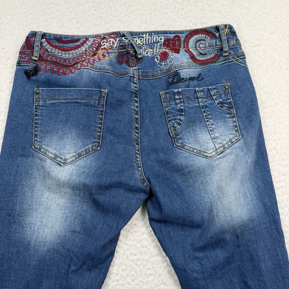 Desigual Wanita Jogger Jeans Women's 32 Embroidered Elastic Hem Blue Denim Artsy